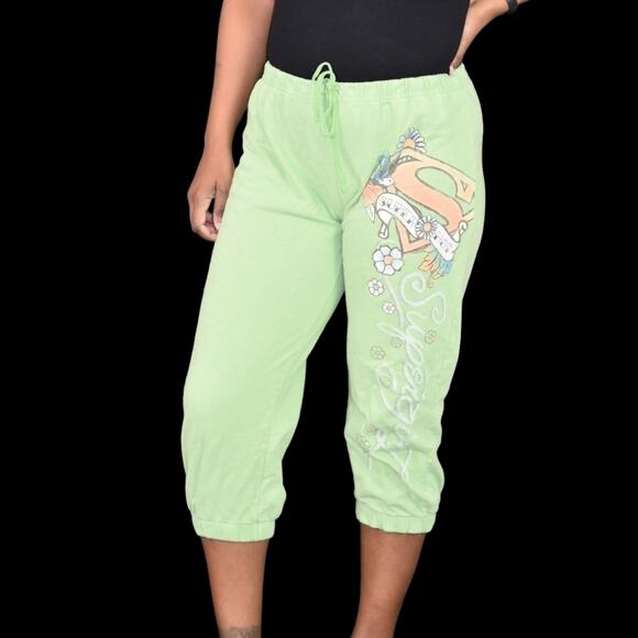 Vintage Supergirl Sweatpants Green Cropped Tattoo Capri Pants Joggers Y2K Small - Picture 16 of 16